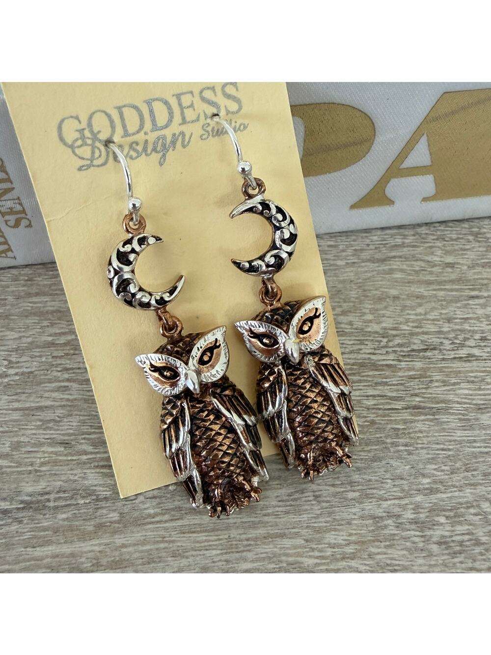 Bronze Owl Moon Earrings with Sterling Silver Ear Wires